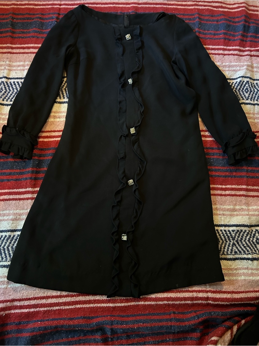 Designers Originals Black Ruffle-Front Mini Dress REAL ANTIQUE Vintage 1960/70s